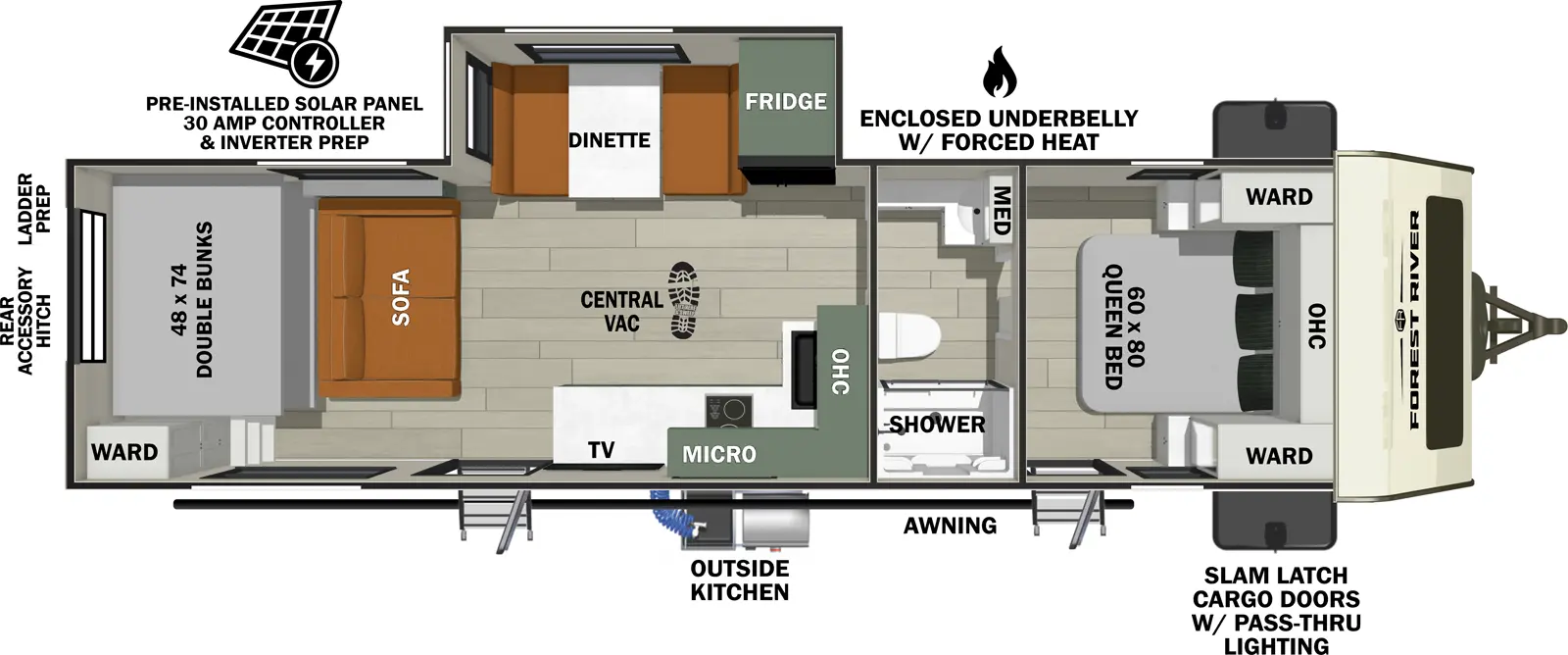 The No Boundaries NB20.9 (Coming Soon) has two entries and one slide out. Exterior features include: fiberglass exterior and outside kitchen. Interiors features include: bunk beds, front bedroom and pass through bathroom.